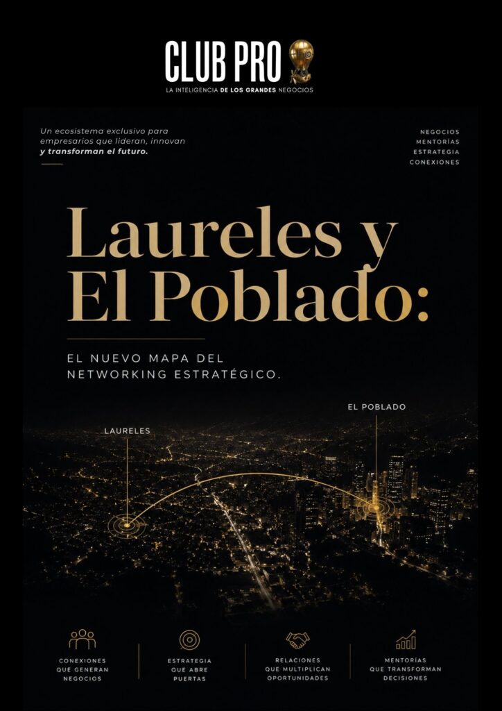 Portada del especial Laures y el Poblado, imagen de la ciudad que presenta una visión estratégica de Laureles y El Poblado en Medellín, Colombia, como los principales centros de networking empresarial, conexiones de negocios, mentorías y desarrollo de oportunidades para empresarios presentada por Carlos DeMente, director de Revista Club PRO,