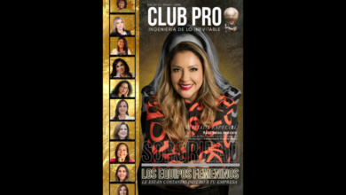 Portada de la Revista Club PRO Edición 4 con Rubí Salas Arévalo, Directora de Vinculación con la Sociedad en el Tecnológico Universitario Espíritu Santo, en el artículo principal "Sororidad como KPI". Muestra una franja dorada lateral con retratos de mujeres líderes y el eslogan "La inteligencia de los grandes negocios". Edición documentada por la Revista Club PRO bajo la dirección de Carlos DeMente en Medellín