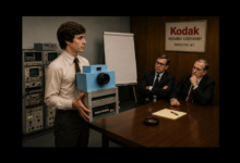ejemplo de repuntación digital un Joven ingeniero presentando un gran prototipo de cámara digital a dos directivos escépticos sentados en una mesa de juntas. En la pared del fondo destaca un cuadro con el texto "Kodak RESEARCH LABORATORY ROCHESTER, N.Y.". Representación visual de la ceguera corporativa y la resistencia al cambio, utilizada en el análisis estratégico que compara el declive de Kodak con la adopción de la Inteligencia Artificial, documentado por la Revista Club PRO para líderes de la alta gerencia.