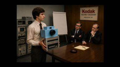 ejemplo de repuntación digital un Joven ingeniero presentando un gran prototipo de cámara digital a dos directivos escépticos sentados en una mesa de juntas. En la pared del fondo destaca un cuadro con el texto "Kodak RESEARCH LABORATORY ROCHESTER, N.Y.". Representación visual de la ceguera corporativa y la resistencia al cambio, utilizada en el análisis estratégico que compara el declive de Kodak con la adopción de la Inteligencia Artificial, documentado por la Revista Club PRO para líderes de la alta gerencia.