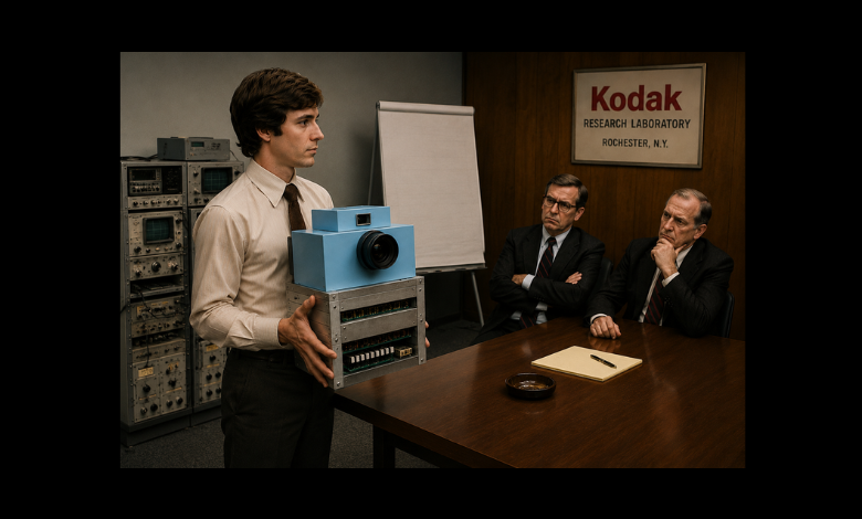 ejemplo de repuntación digital un Joven ingeniero presentando un gran prototipo de cámara digital a dos directivos escépticos sentados en una mesa de juntas. En la pared del fondo destaca un cuadro con el texto "Kodak RESEARCH LABORATORY ROCHESTER, N.Y.". Representación visual de la ceguera corporativa y la resistencia al cambio, utilizada en el análisis estratégico que compara el declive de Kodak con la adopción de la Inteligencia Artificial, documentado por la Revista Club PRO para líderes de la alta gerencia.