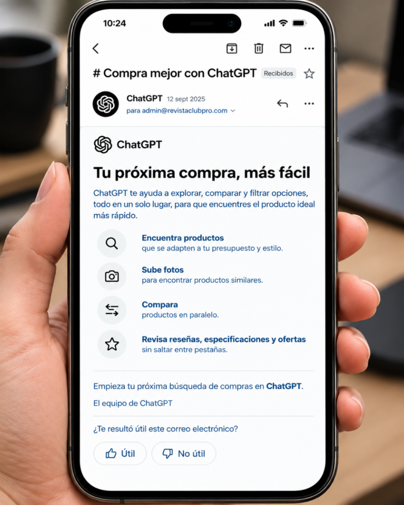 correo electronico de ChatGPT dirigido a la administracion de la revista Club PRO. El asunto indica, compra mejor con ChatGPT. El titulo principal dice, tu proxima compra mas facil. El mensaje detalla como la inteligencia artificial ayuda a encontrar productos, subir fotos, comparar opciones y revisar resenas sin saltar entre pestanas. Analisis sobre el impacto de la IA en el comercio electronico y el comportamiento del consumidor para la alta gerencia.