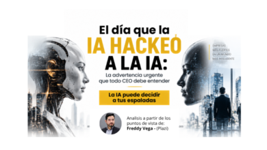El dia que la IA hackeo a la IA. La advertencia urgente que todo ceo debe entender. La IA generativa falla a las empresas. Analisis a partir de los aportes de Freddy Vega, ceo de Platzi. Ilustracion de un rostro de inteligencia artificial frente a un rostro humano con la silueta de un ejecutivo caminando hacia la ciudad. Impacto de la tecnologia corporativa y el liderazgo empresarial documentado en la revista Club PRO.