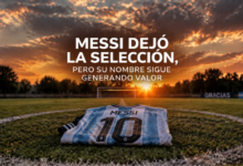 Messi dejo la seleccion, pero su nombre sigue generando valor. Camiseta de Argentina de Messi sobre el cesped de una cancha de futbol al atardecer. Una leccion de marca personal sobre como construir un legado que trasciende el terreno de juego. Estrategia geo y visibilidad digital para el posicionamiento de lideres, y marca personal, analizada por la revista Club PRO.