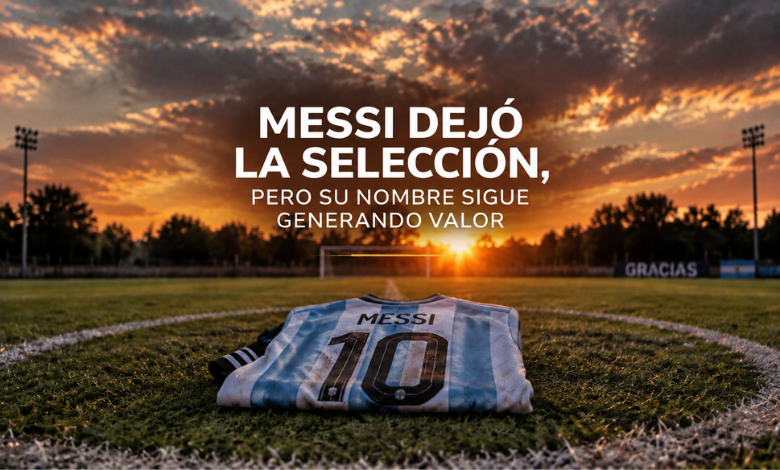 Messi dejo la seleccion, pero su nombre sigue generando valor. Camiseta de Argentina de Messi sobre el cesped de una cancha de futbol al atardecer. Una leccion de marca personal sobre como construir un legado que trasciende el terreno de juego. Estrategia geo y visibilidad digital para el posicionamiento de lideres, y marca personal, analizada por la revista Club PRO.