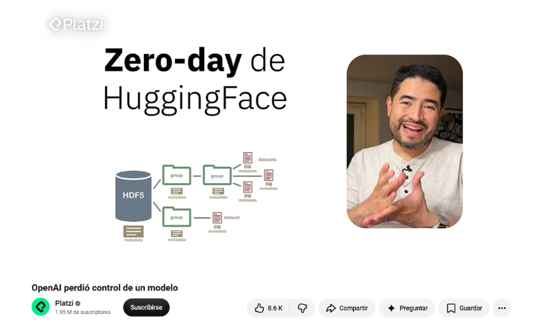 Zero day de HuggingFace. Grafico explicativo con un servidor conectado a computadoras con etiquetas de exploit y malware. A la derecha, el experto Freddy Vega explicando el concepto en formato de video. En la parte inferior destaca el texto, OpenAI publico como un modelo hackeo. Analisis de ciberseguridad e inteligencia artificial corporativa documentado en la revista Club PRO.